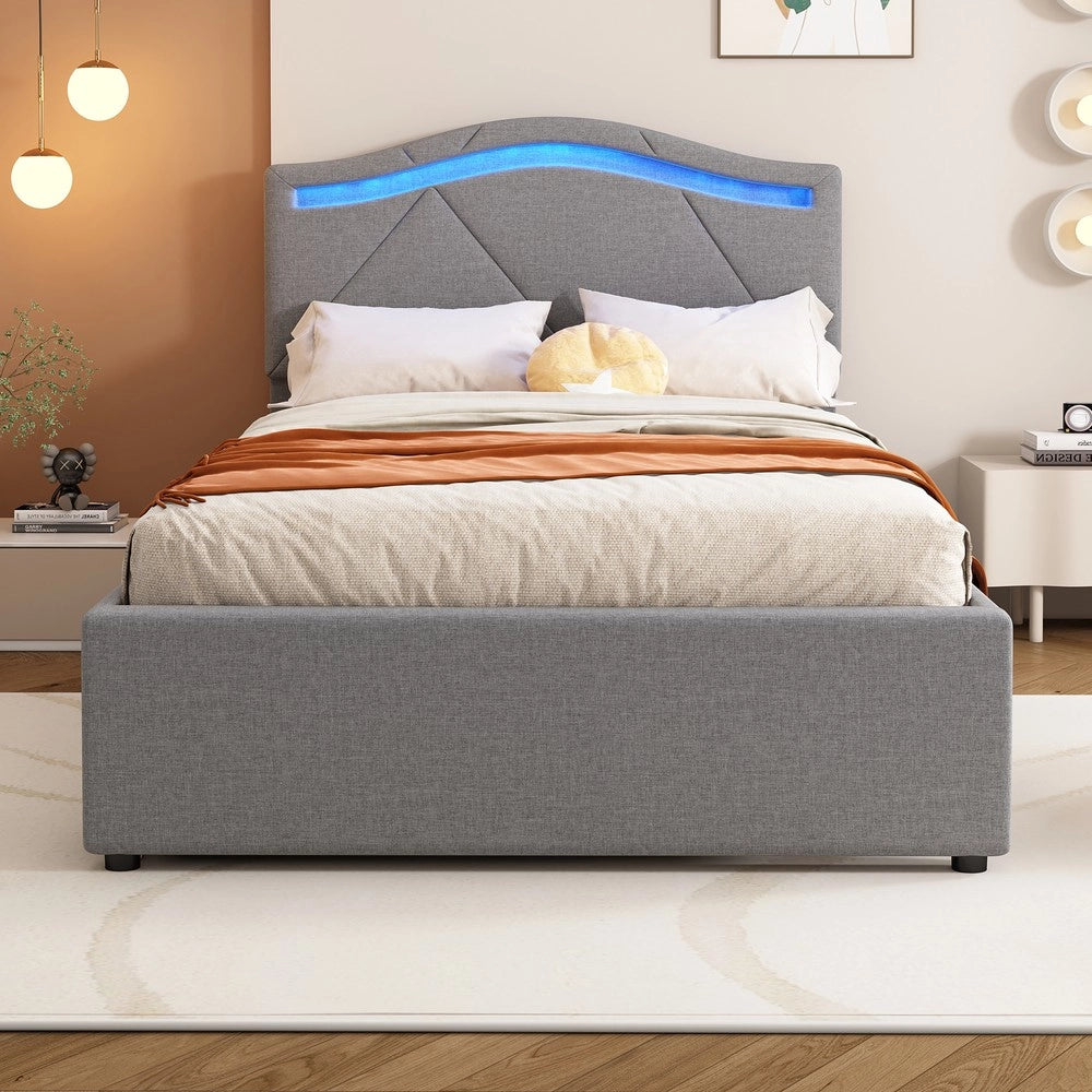 Letto Imbottito con LED e Cassetti ¨C MINIMAL ¨C Testiera Regolabile, Grigio, 90x200