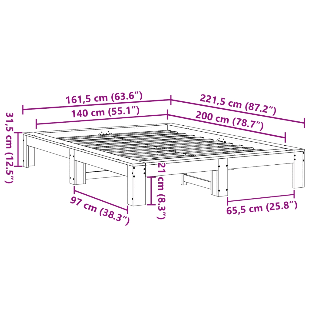 Letto senza Materasso-Struttura Letto Bianco 140x200 cm Legno Massello di Pino 905077