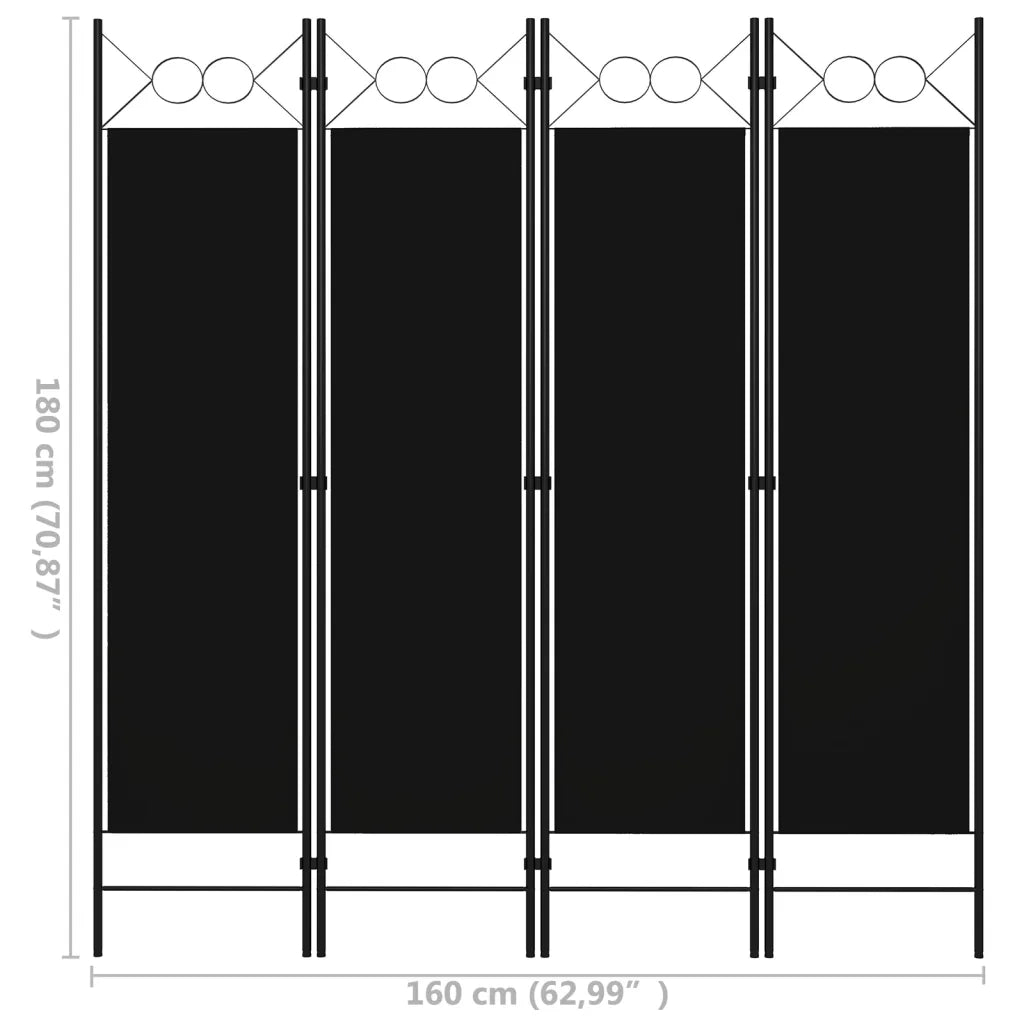 Divisorio Ambienti | Divider per stanze | Paravento a 4 Pannelli Nero 160x180 cm