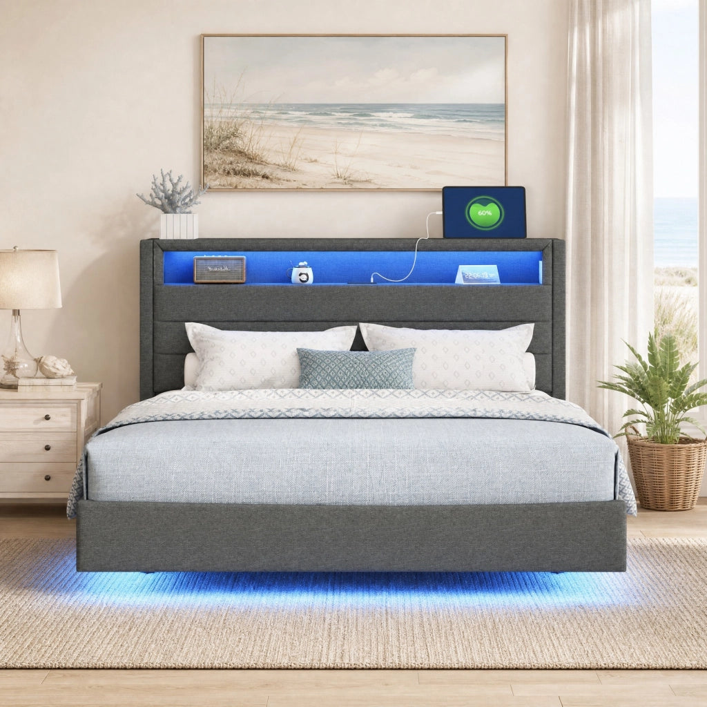 LETTO Imbottito 140x200 cm Grigio con USB e LED, rete a doghe