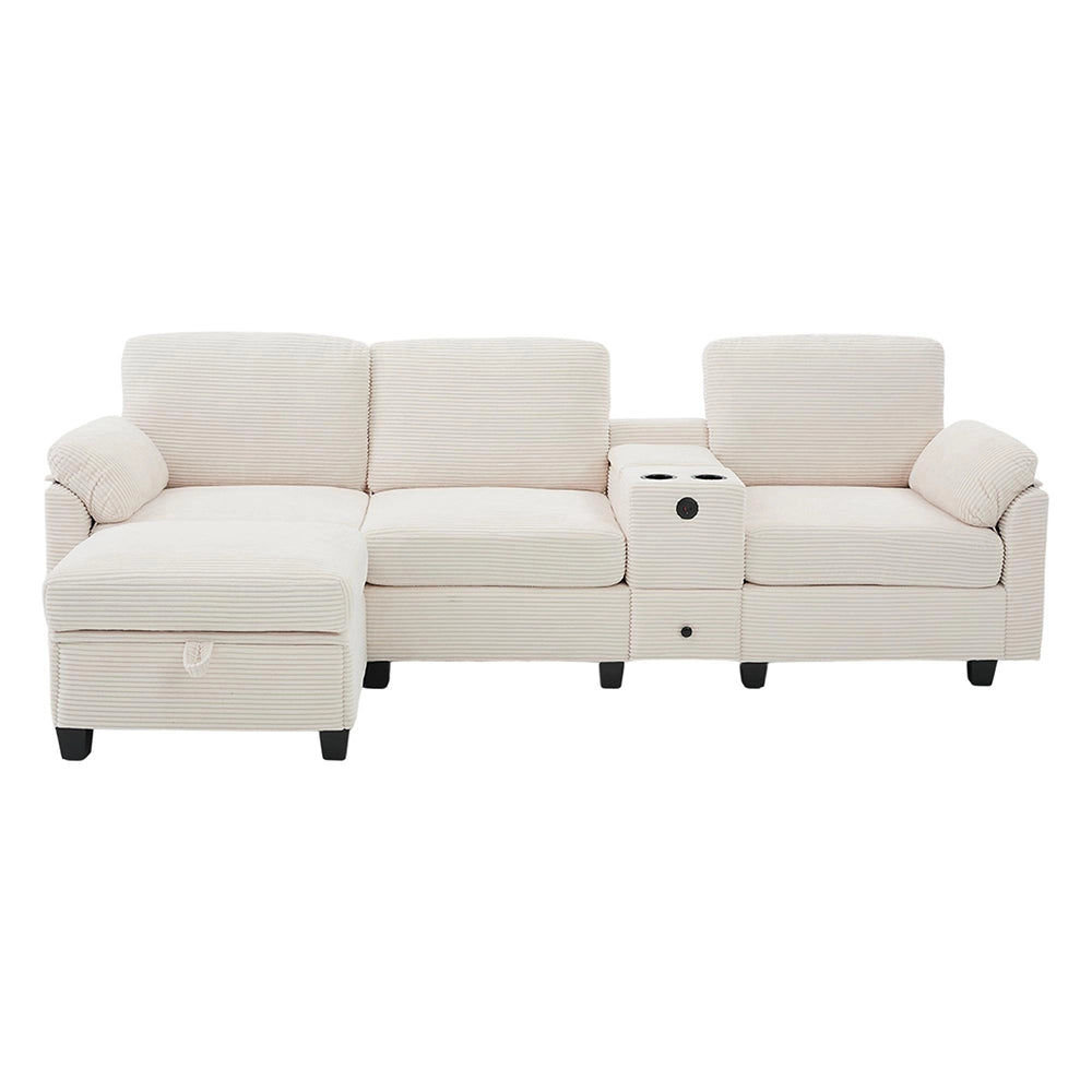 Divano grande in velluto - Xylo - Con console centrale USB-C e pouf