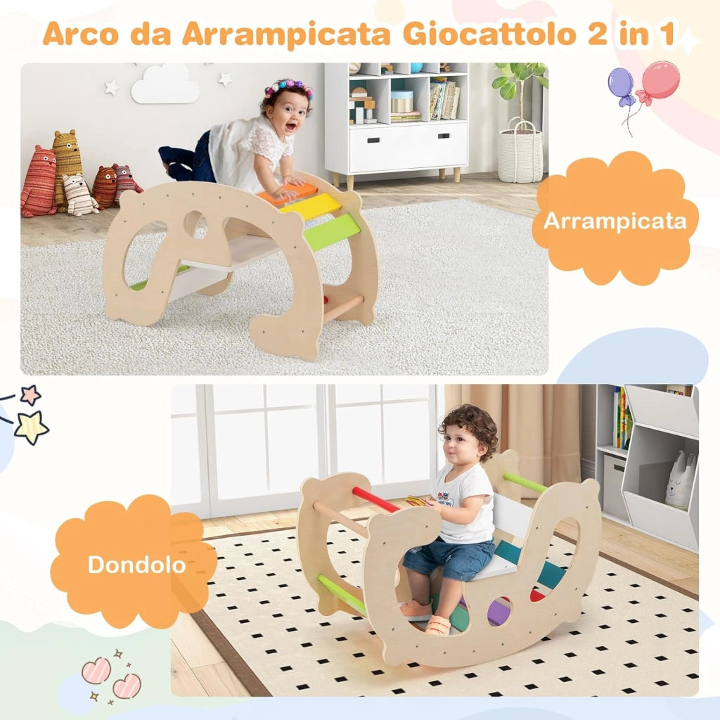 2 in 1 Arco da Arrampicata per Bambini, Arrampicata ad Arco con Dondolo Schienale e Sedile, Cavallo a Dondolo in Legno per Bambini 1 Anni +