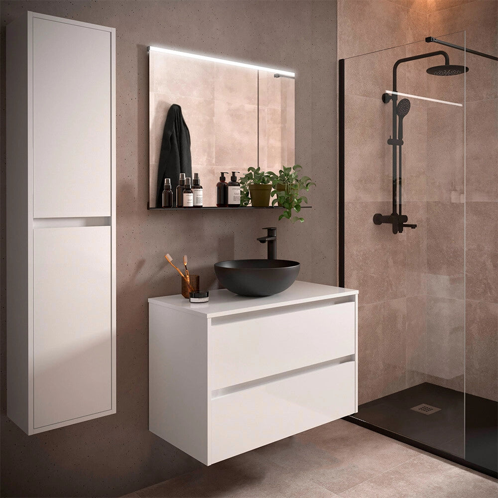 Mobile bagno sospeso 90 cm bianco lucido con top per lavabo da appoggio Gaya