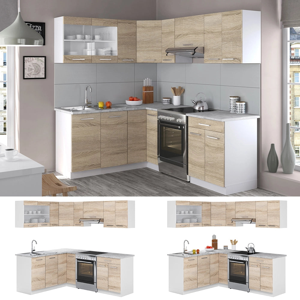 Cucina ad angolo Rick Sonoma/Bianco 207 x 167 cm, PL Marmo con striscia LED Vicco