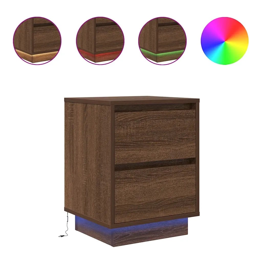 Comodino con Luci LED Rovere Marrone 38x34x50 cm 861295