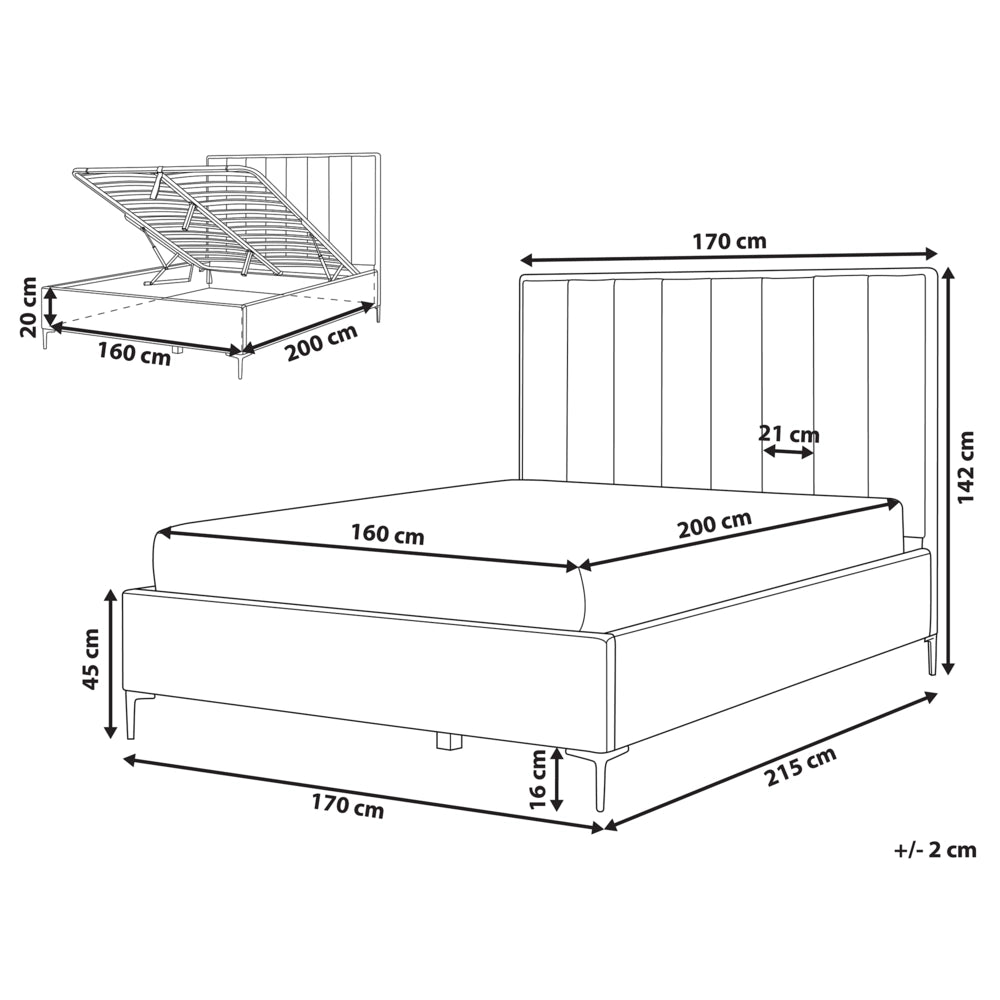 Letto in velluto grigio chiaro 160 x 200 cm con contenitore ottomana testiera imbottita gambe in metallo Nero