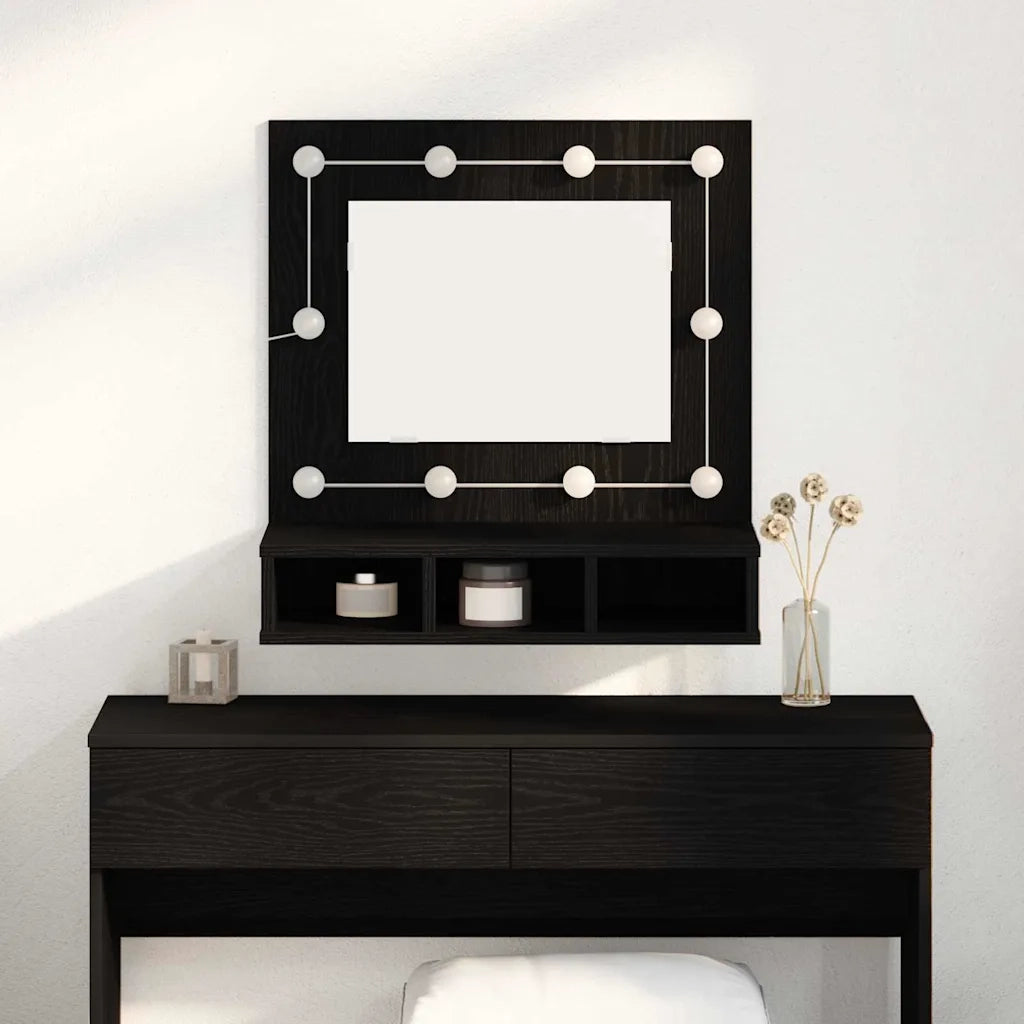 Mobiletto per specchio-Mensola con Specchio Rovere Nero 60 x 31,5 x 62 cm