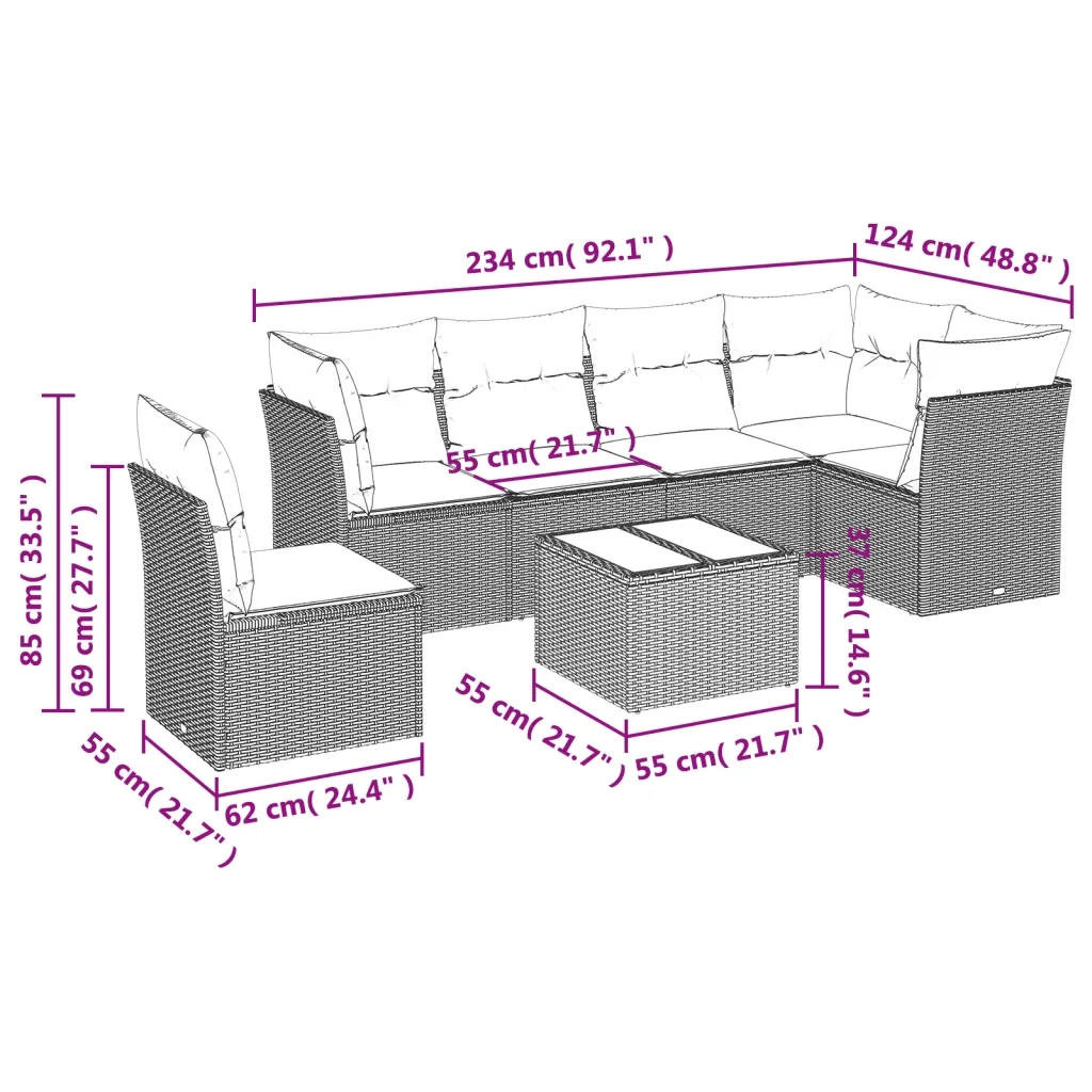 Set Divani da Giardino con Cuscini 7pz Nero Polyrattan