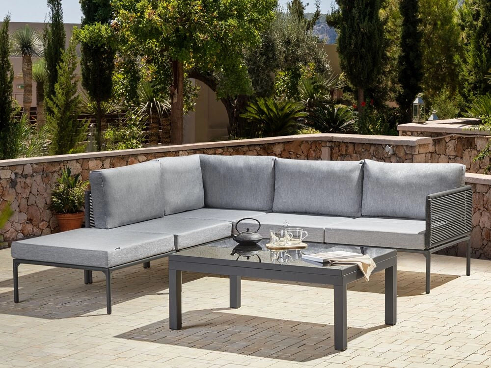 Set da Giardino a 6 Posti Struttura Nera e Cuscini Grigi con Tavolino
