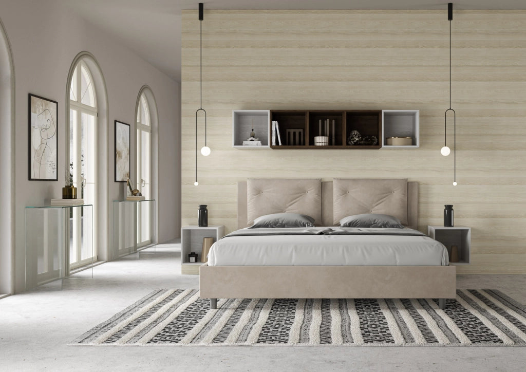 BS COM Letto matrimoniale king size contenitore imbottito 170x190 microfibra sabbia