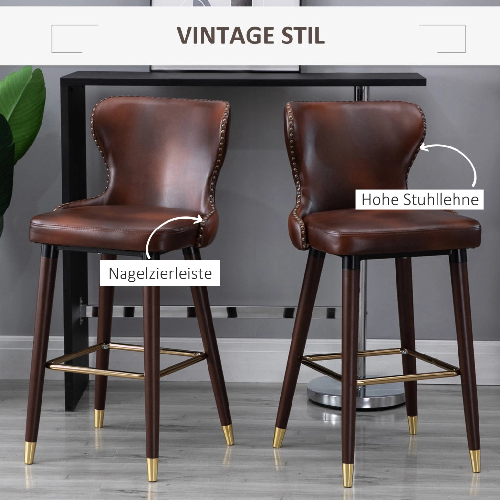 Set di 2 Sedie da Bar con Schienale e Poggiapiedi ¨C Minimal ¨C Pelle Sintetica Marrone 52x53x101 cm