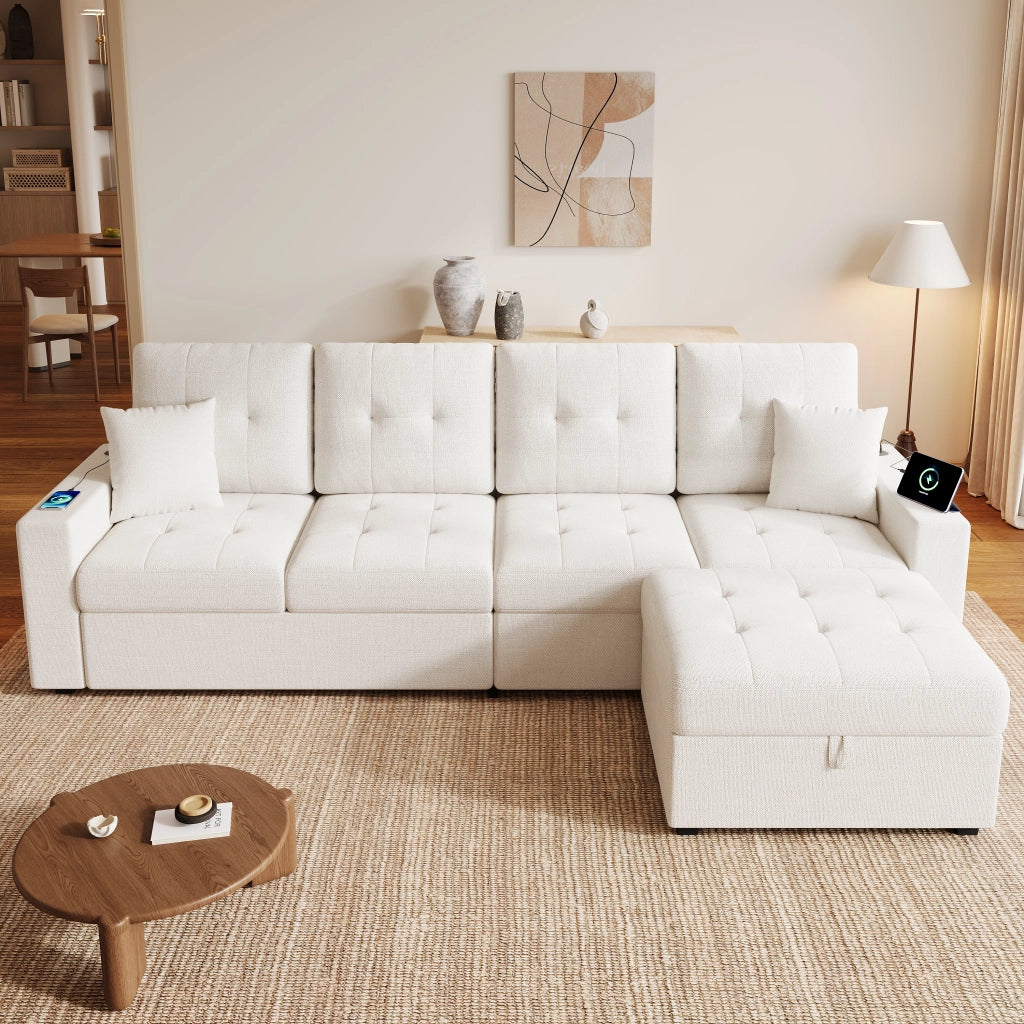 DIVANO angolare modulare 253 cm beige con pouf contenitore e USB Type-C