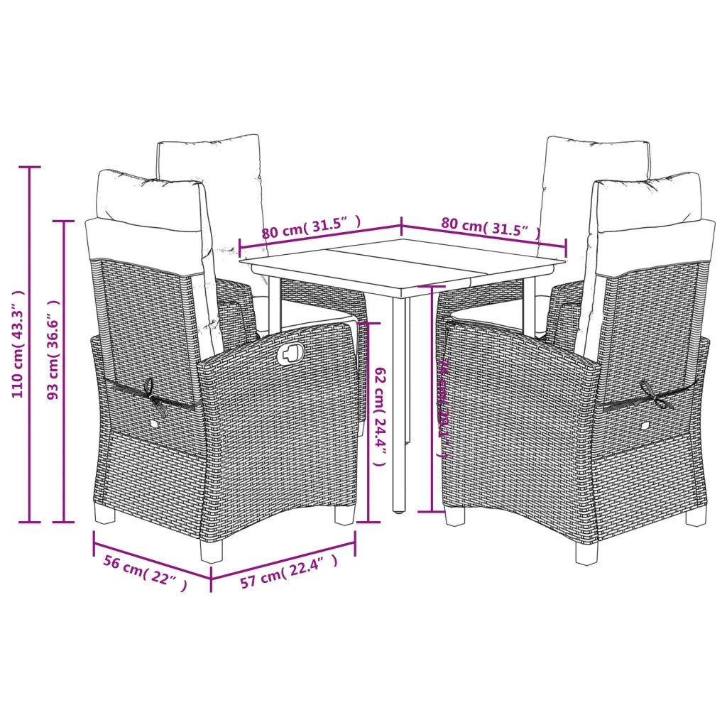 Set da Pranzo da Giardino 5 pz Nero con Cuscini in Polyrattan 3212733