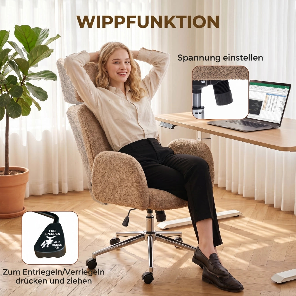 Sedia da ufficio ergonomica ¨C zephmum ¨C con schienale regolabile, braccioli e basculante, marrone