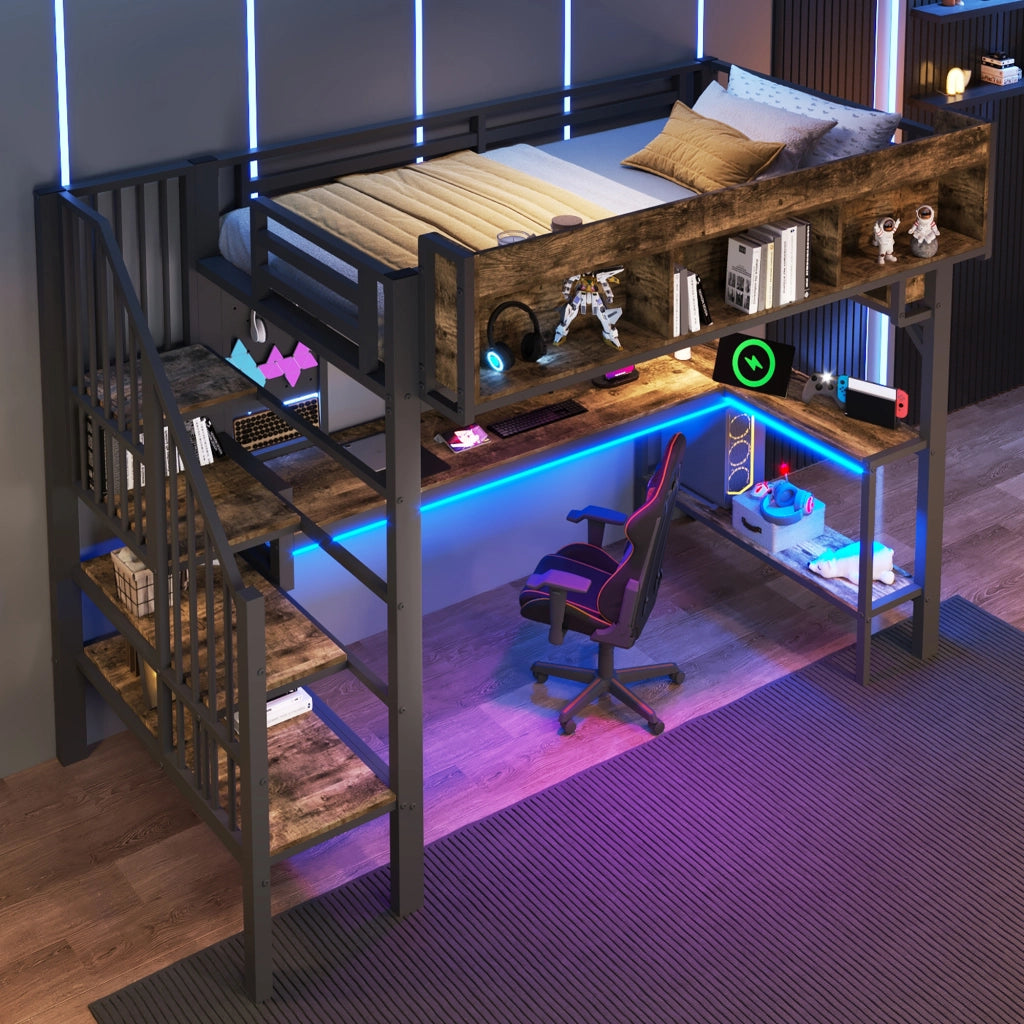 Letto a Soppalco con Scrivania e LED ¨C MINIMAL ¨C 90x200, Legno, Nero, Presa USB