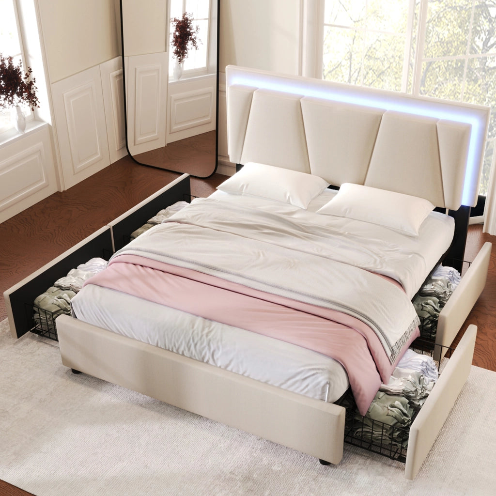 LETTO 140x200 cm Beige con testiera regolabile, LED e 4 cassetti