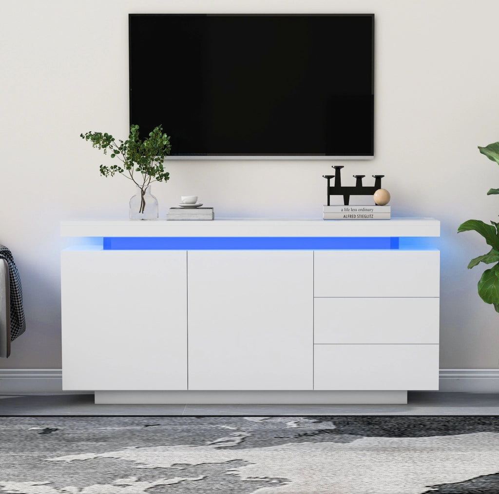 Credenza 140x35x72.5 cm con LED; 2 ante e 3 cassetti; bianco