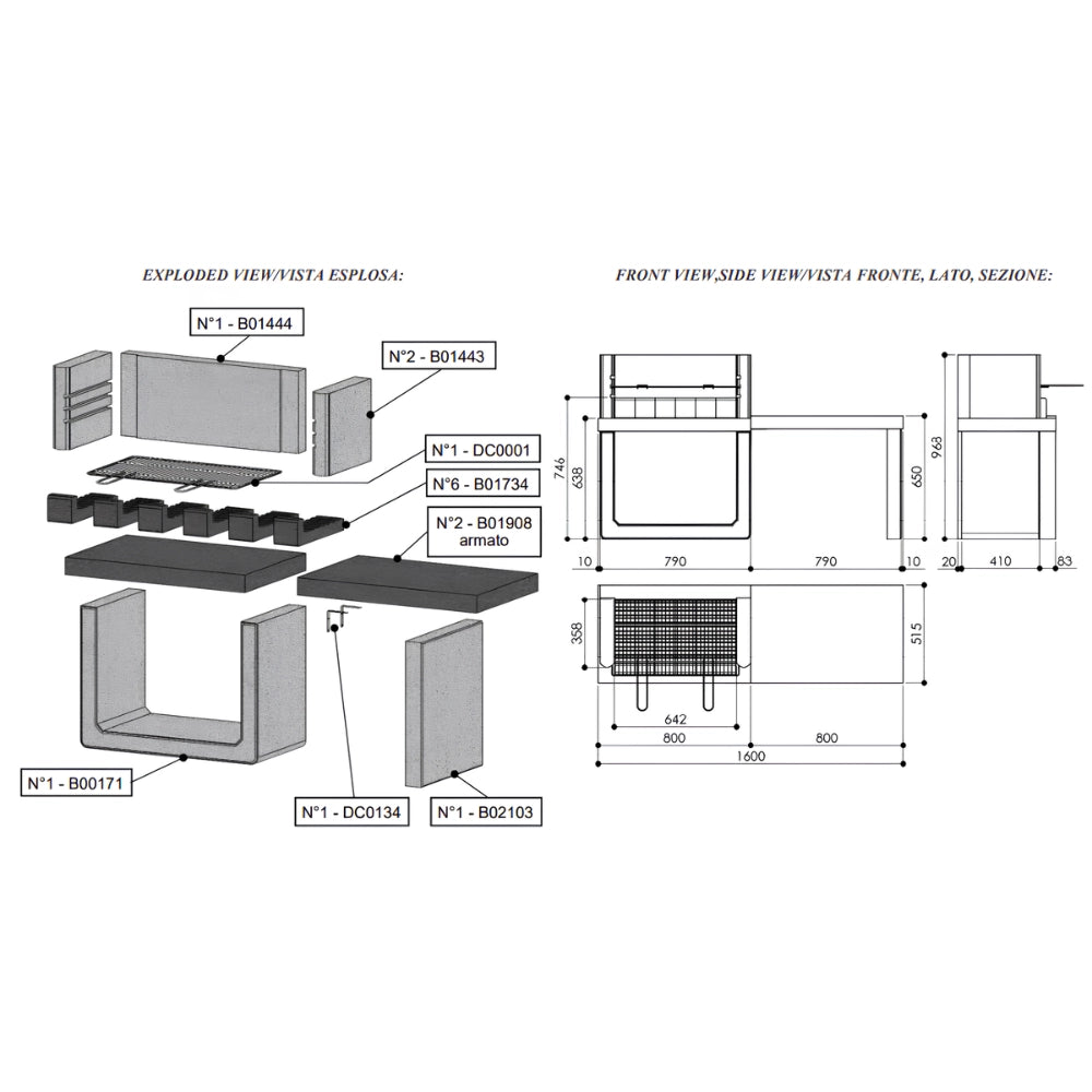 Sarom barbecue porto new legna carbonella 160 x 51,5 x 96,8 cm griglia e ampio tavolo laterale