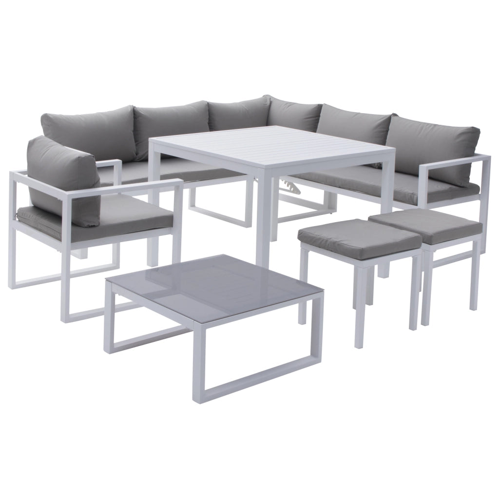Set di mobili da giardino modulari IBIZA in tessuto grigio per 7 persone - alluminio bianco