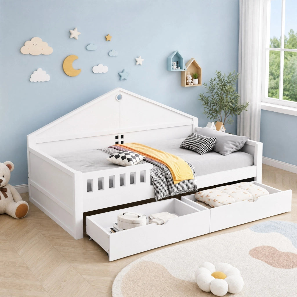 LETTO 90x200 cm con LED e 2 cassetti Bianco, Legno massello e MDF