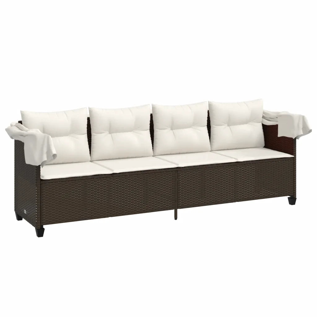 Lettino Prendisole con Baldacchino e Cuscini Marrone Polyrattan 368336