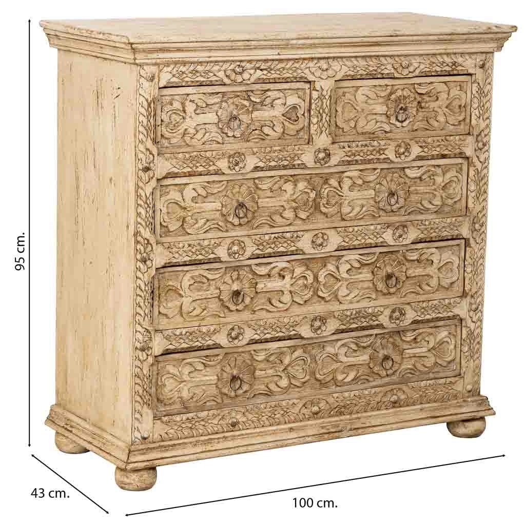 Cómoda de madera artesanal con 5 cajones blanca 100x43x95h cm
