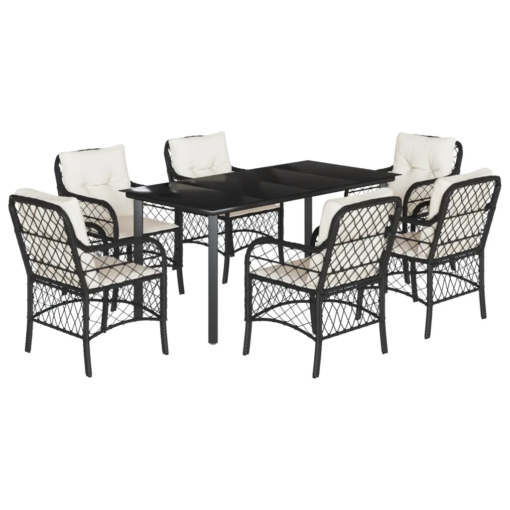 Set da Pranzo da Giardino 7 pz Nero con Cuscini in Polyrattan