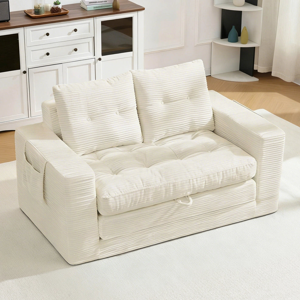 Divano letto a due posti in velluto a coste beige con tasche laterali e portabicchiere