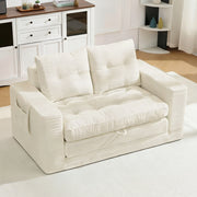 Divano letto a due posti in velluto a coste beige con tasche laterali e portabicchiere