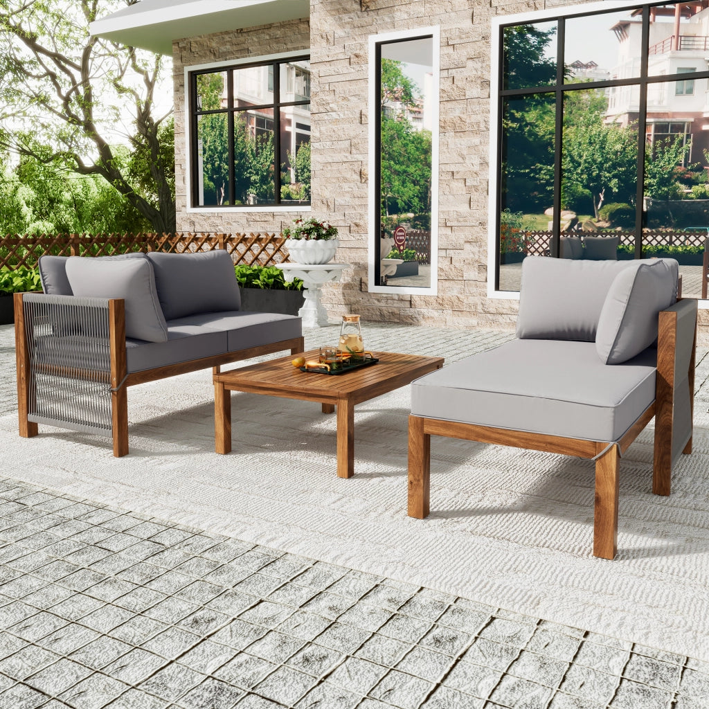 Set lounge da giardino 3 pezzi in legno grigio con cuscini sfoderabili e sedute in corda