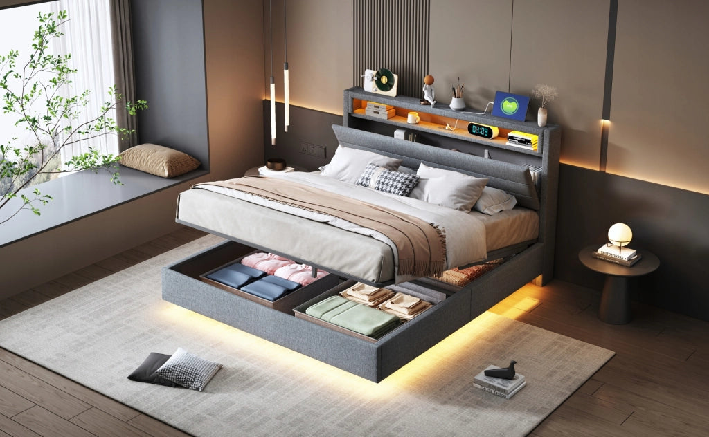 Letto imbottito 140x200 - Xylo - Grigio, struttura idraulica, LED, USB