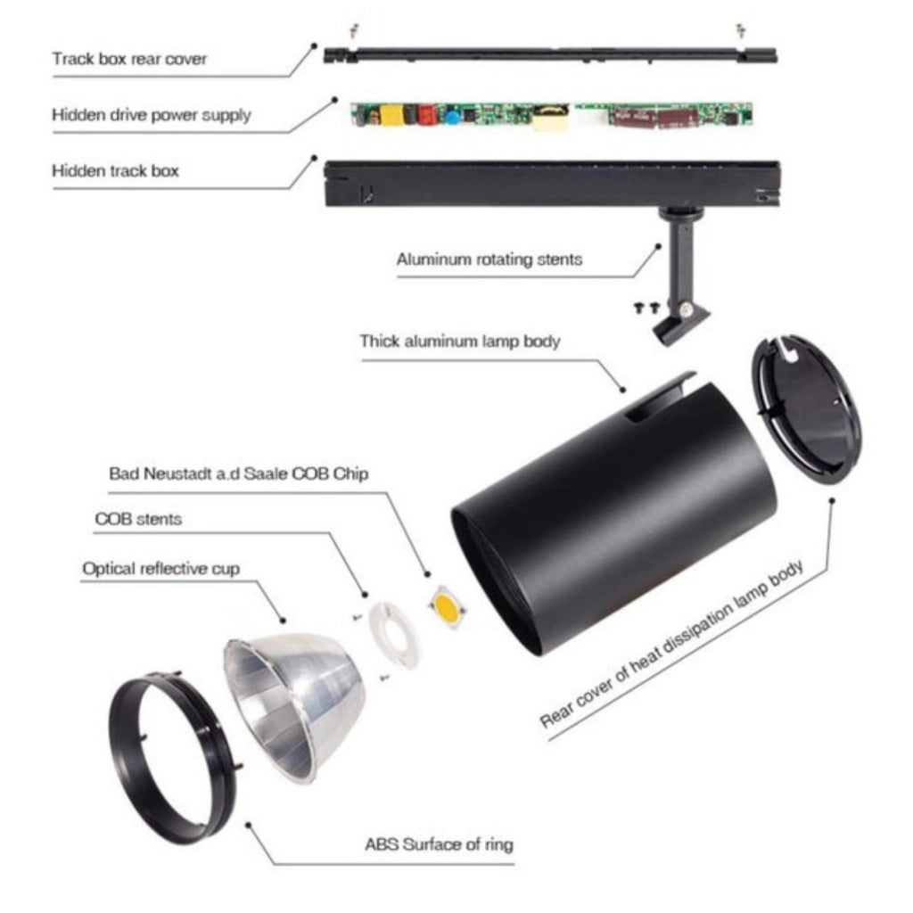 2 Kit Fari LED Binario Trifase 30W 4000LM, Corpo Nero Luce 4000K, CRI>90 UGR<19 Angolo 120°, D85X128mm, Driver Alimentatore a Scomparsa Lunga 289mm CB58130BN
