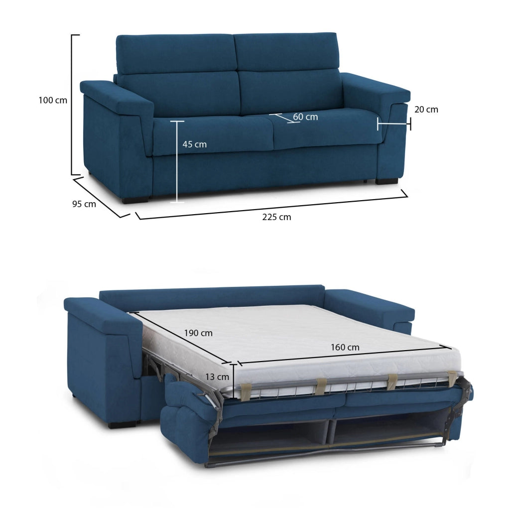 Nus, Divano Letto 3 Posti Sfoderabile Made in Italy, 225x95 cm blu