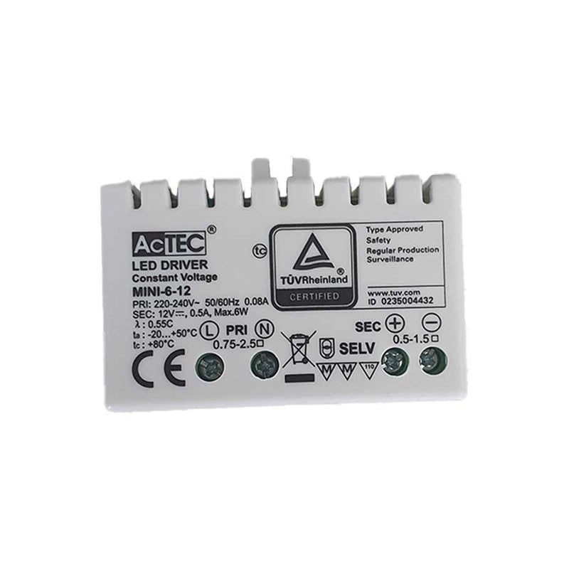 Mini Alimentatore Trasformatore 6W 12V 0,5A IP20 50X32X18,5mm Con Morsetti