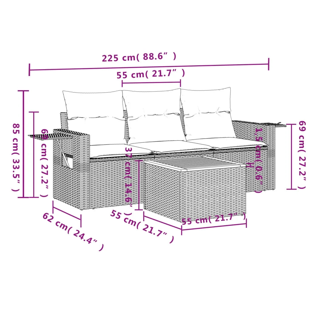 Set Divano da Giardino 4 pz con Cuscini Beige in Polyrattan