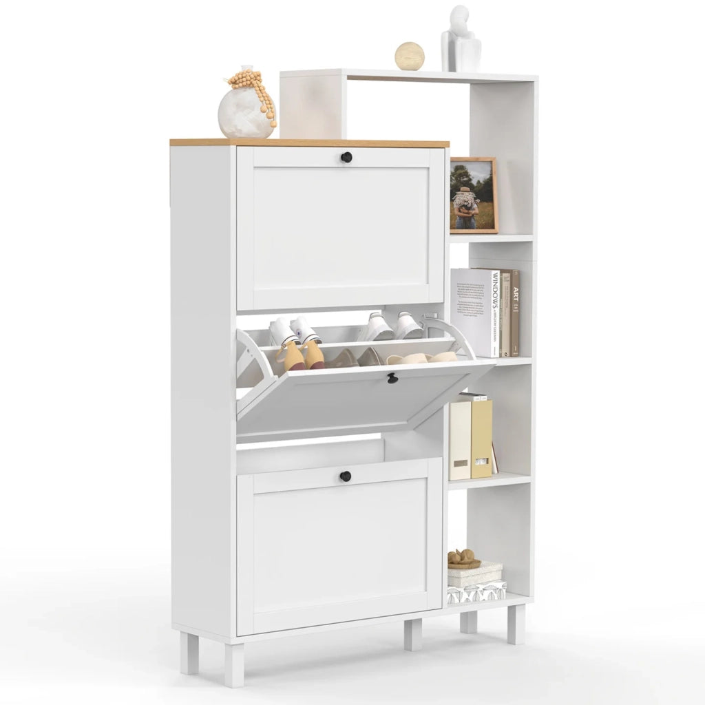 IDMarket - ACHILLE 18 paia di scarpiere bianche a 3 ante con piano e ripiano in legno