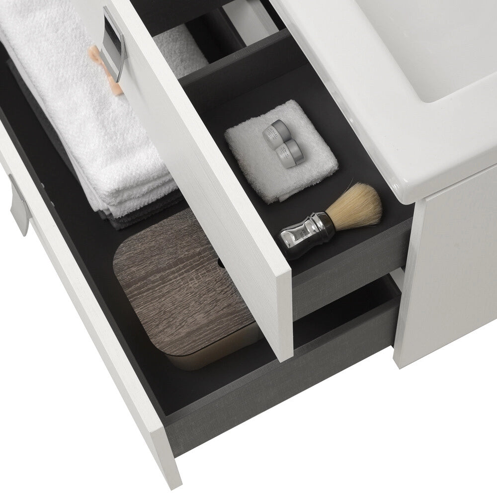 Mobile bagno sospeso 80 cm in bianco frassino con lavabo e specchio tondo Bravo