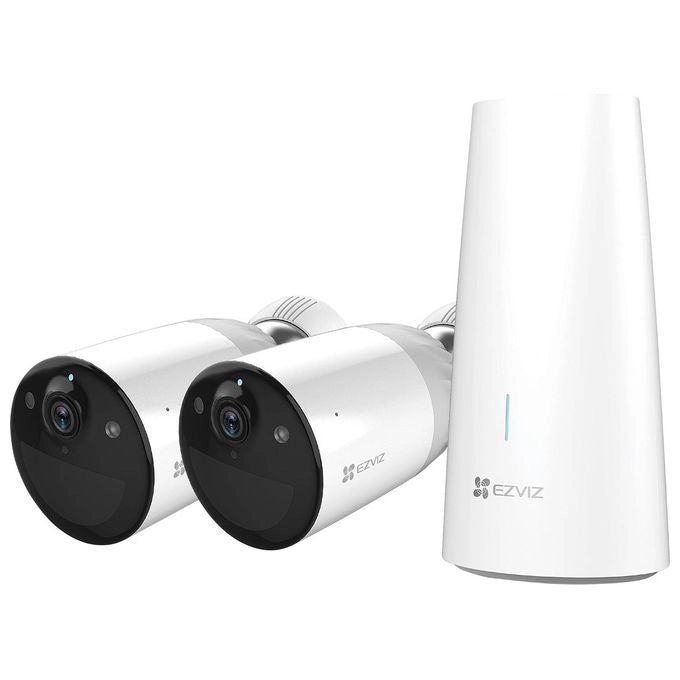 Ezviz CS-BC1-B2 Telecamera di Sicurezza IP Kit 2 Cam e Base Batteria 12900 mAh Full HD 1080p Wi-Fi IP66 Visione Notturna PIR colore Bianco