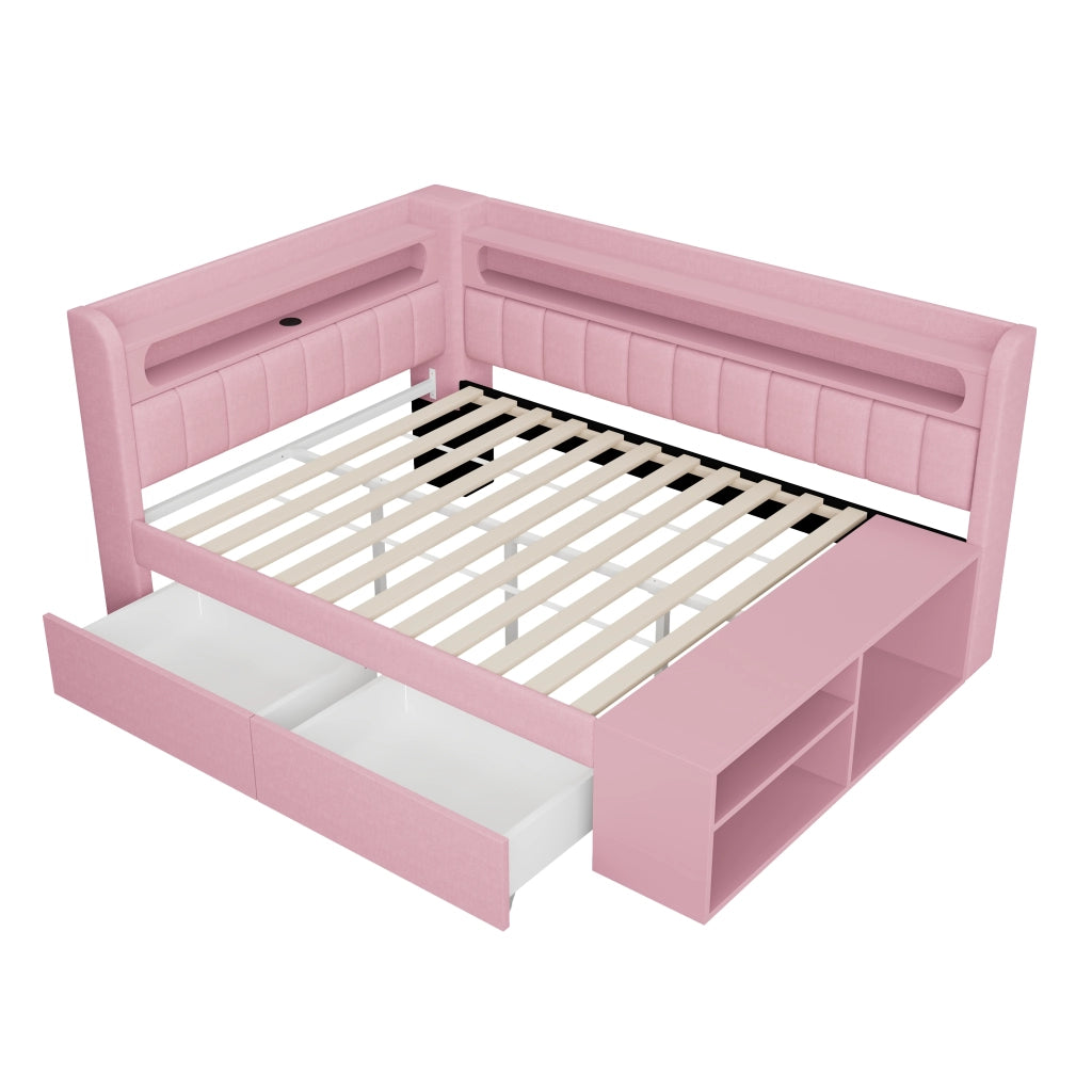 Divano letto imbottito 90x200cm - Zephmum- USB, LED, con scarpiera e 2 cassetti, Rosa