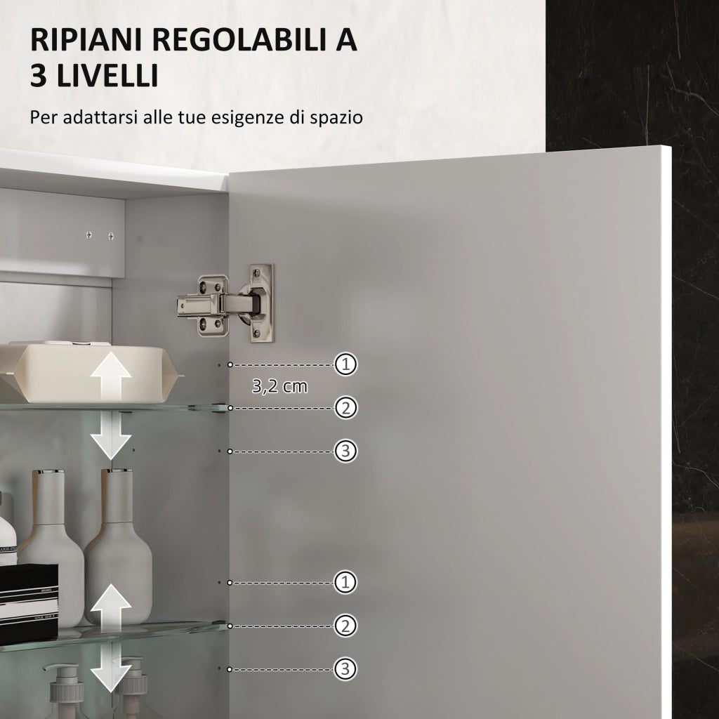 Pensile Bagno a Parete ¨C Xylo ¨C Legno Bianco con 3 Ripiani Regolabili in Vetro, 40x15x55 cm