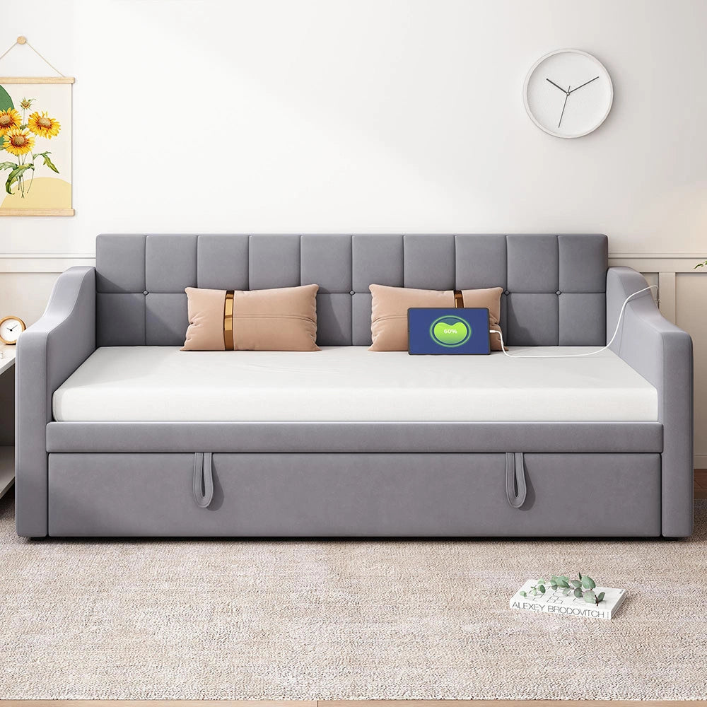 Divano 2 in 1 - Xylo - 90/180 cm velluto grigio USB