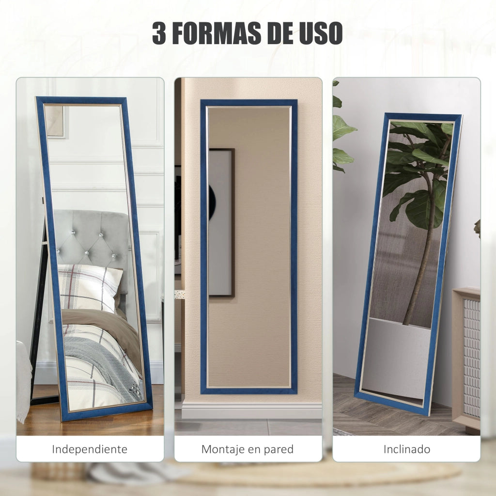Specchio da Terra 150x50 cm ¨C Xylo ¨C Cornice in Velluto con Supporto Blu