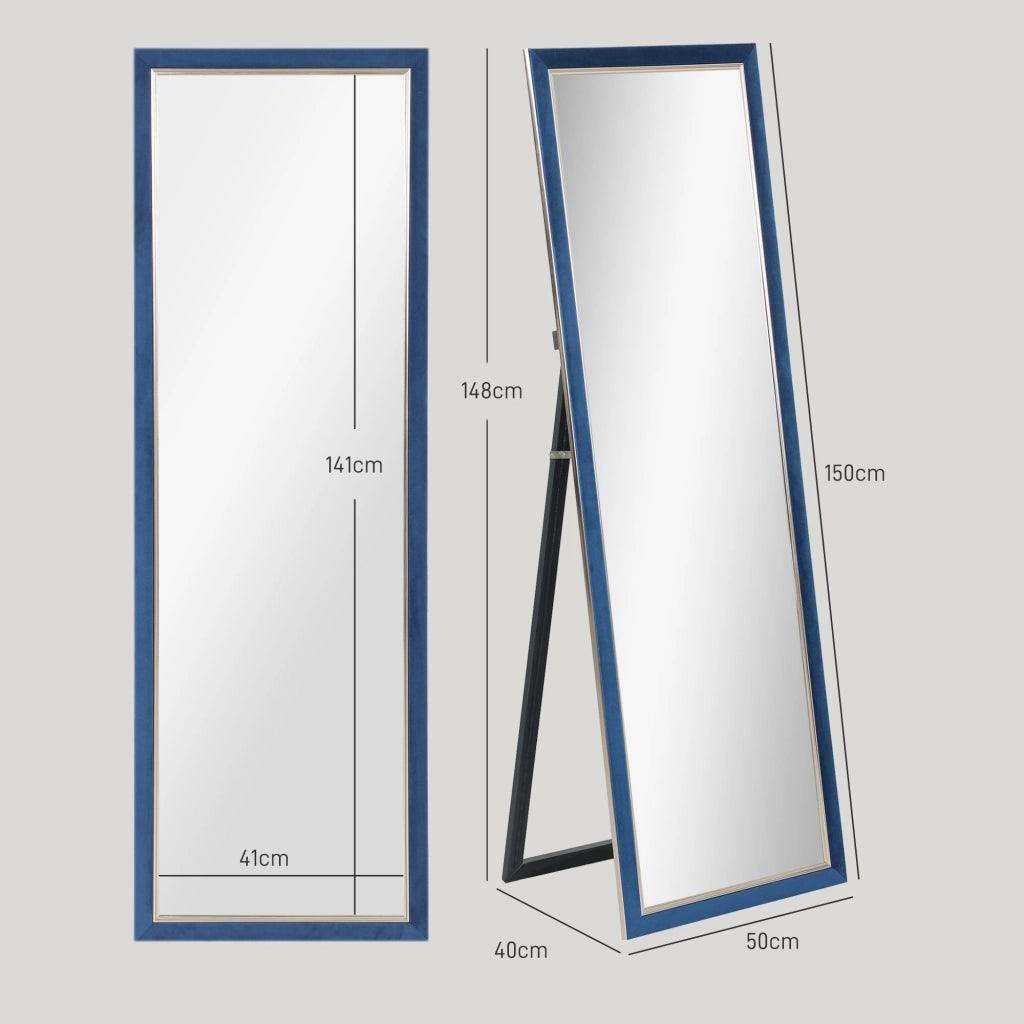 Specchio da Terra 150x50 cm ¨C Xylo ¨C Cornice in Velluto con Supporto Blu