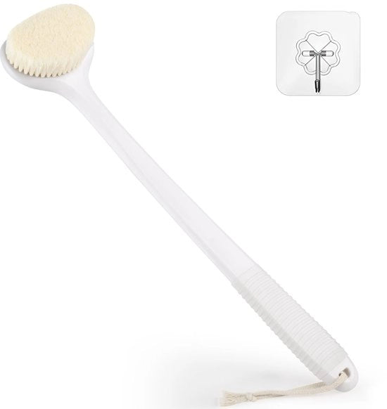 Rugborstello per doccia, spazzola per il corpo con 43 cm manico antiscivolo, spazzola umida e secca per la pulizia del corpo, rugborstello per uomini e donne, bianco