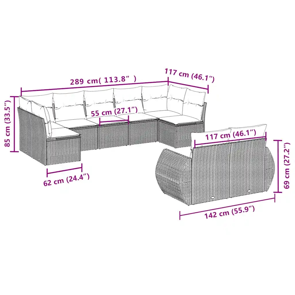 Set Divani da Giardino 9 pz con Cuscini Nero in Polyrattan 3254153