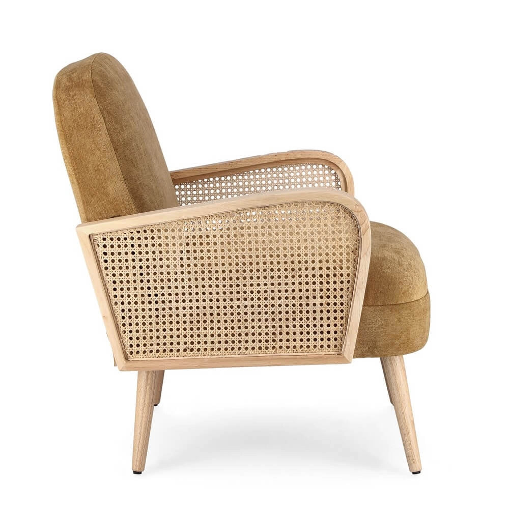 Poltrona Imbottita con Braccioli in Rattan e Tessuto Senape - DELILAH