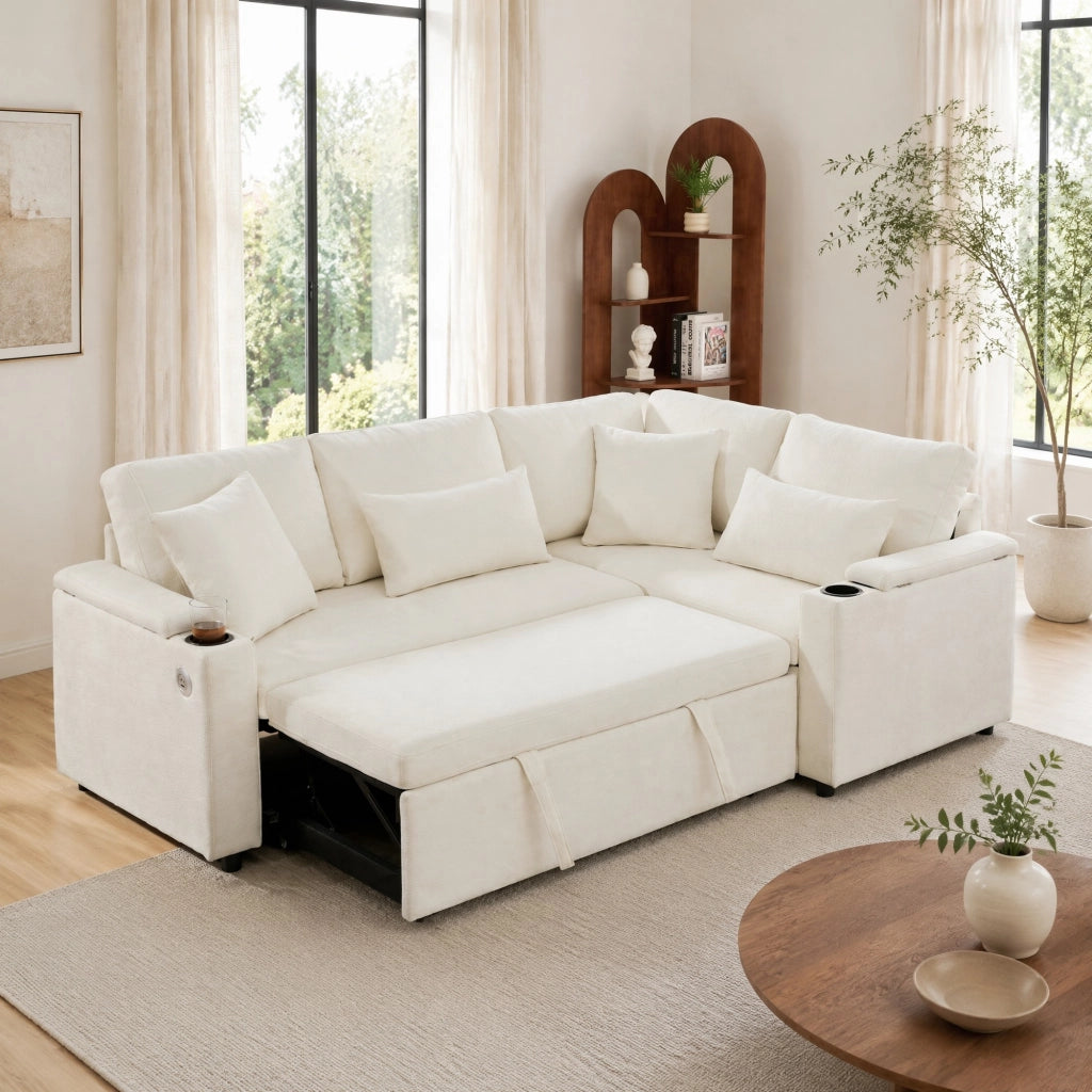 Divano angolare convertibile con vano contenitore, portabicchieri e USB, in Chenille, Beige