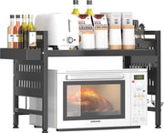 Rack magnetron espandibile con sostegno magnetron 2 livelli, rack per spezie, supporto per posate e 6 ganci, sostegno magnetron, rack per cucina in posizione verticale, organizzatore per piano di lavoro cucina, nero