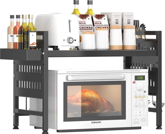 Rack magnetron espandibile con sostegno magnetron 2 livelli, rack per spezie, supporto per posate e 6 ganci, sostegno magnetron, rack per cucina in posizione verticale, organizzatore per piano di lavoro cucina, nero