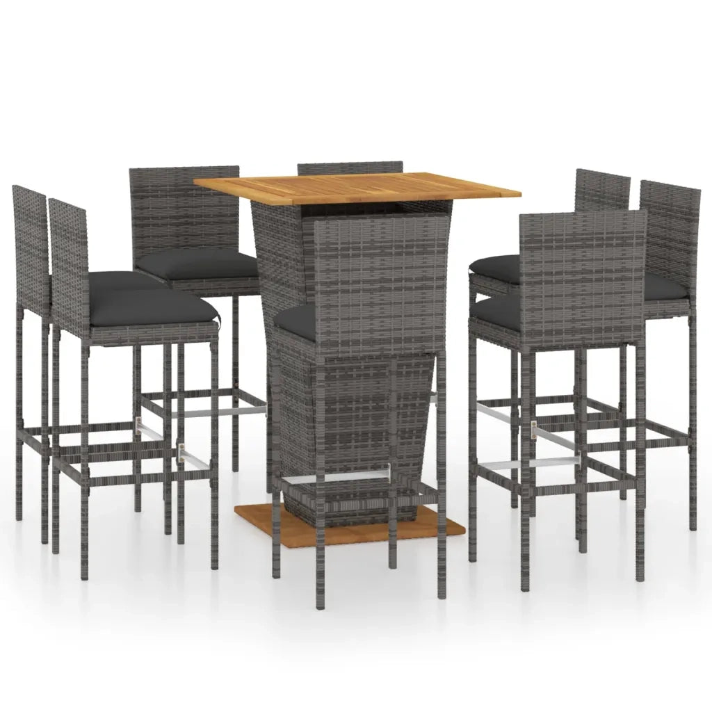 Set da Bar per Giardino 9 pz con Cuscini in Polyrattan Grigio